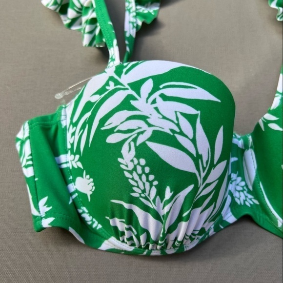 𝅺Gottex Ruffle Sleeve Leaf Print Bikini Top Green/White Sz 32C NWOT - Picture 2 of 11